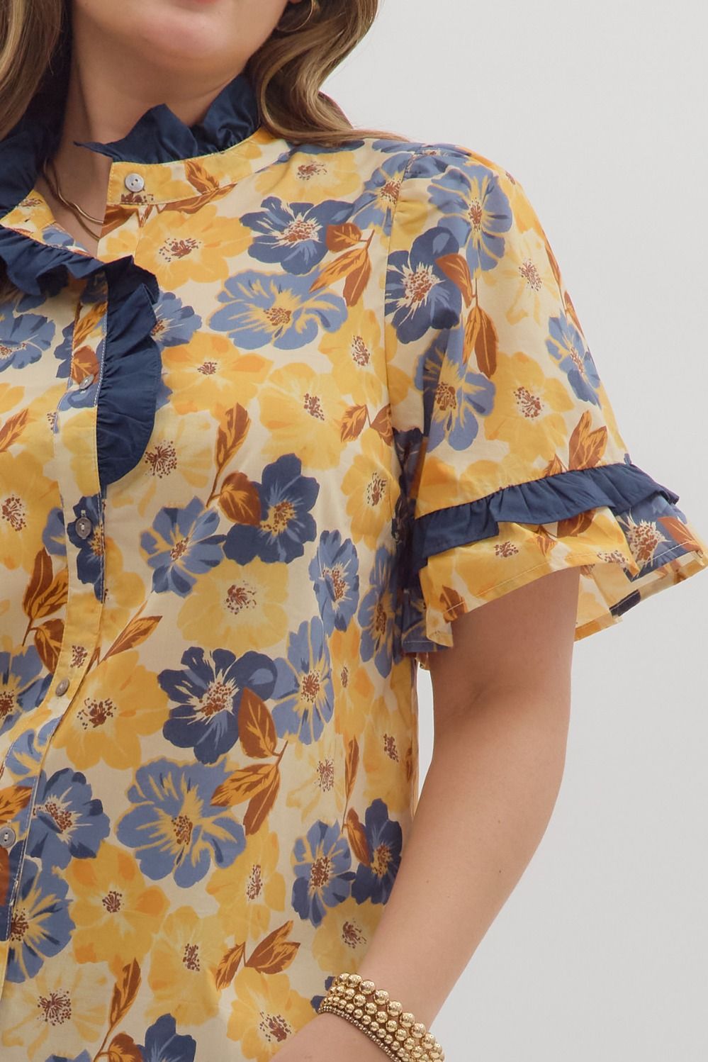 Blue and yellow ruffle top
