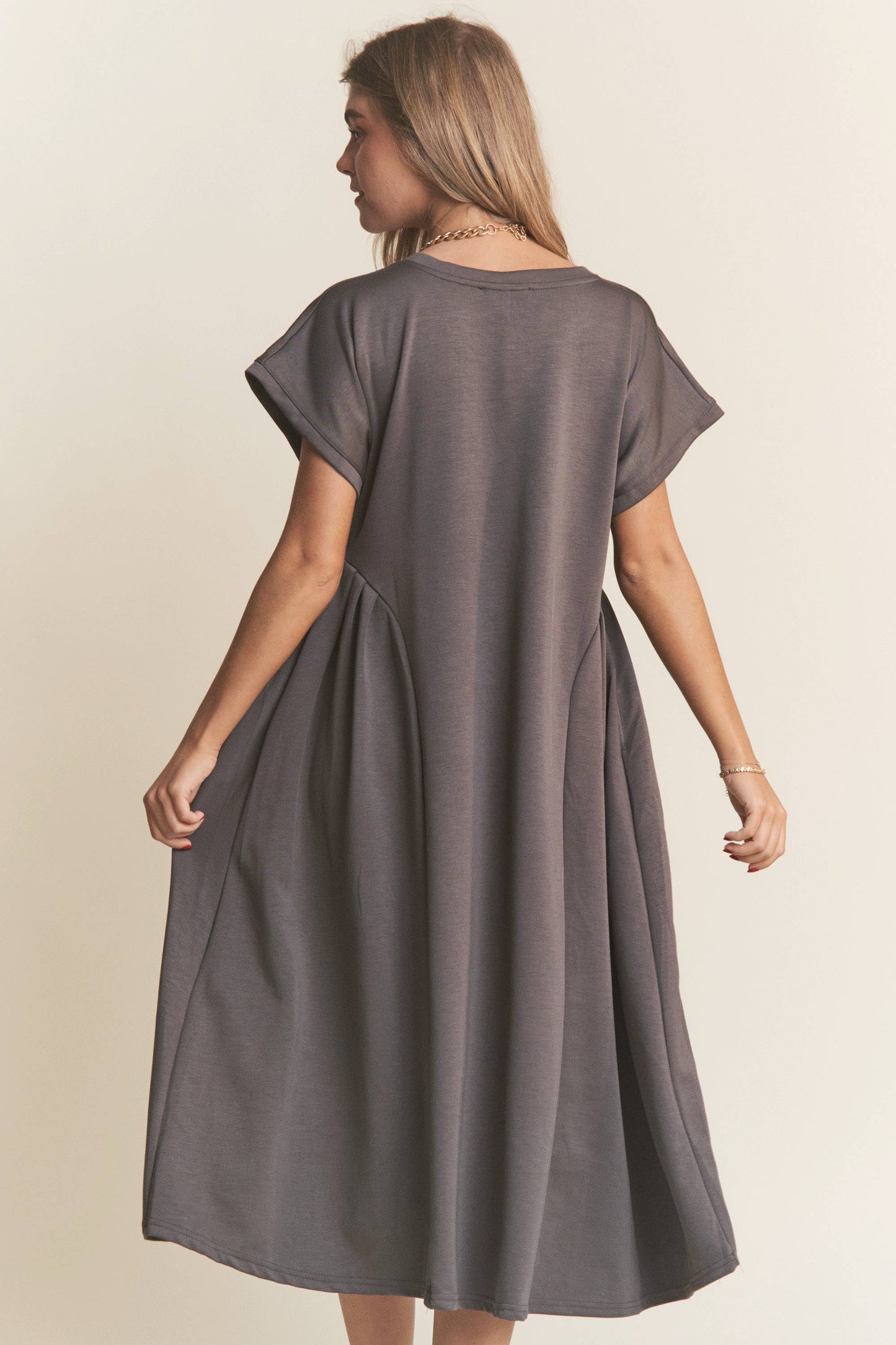 Casual V Neck Pleated Design Midi Dress