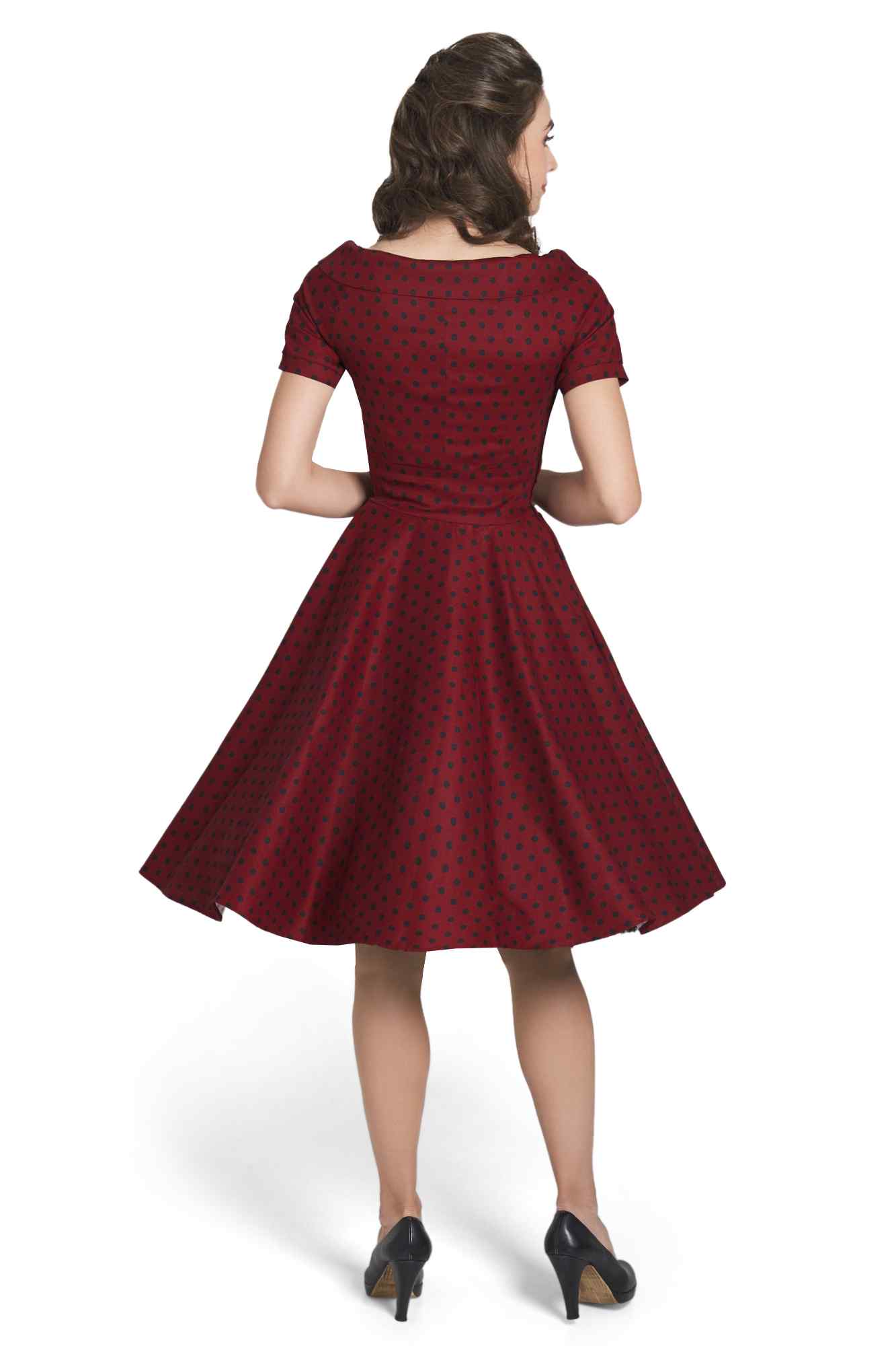 Darlene Retro Polka Dot Swing Dress in Burgundy-Black
