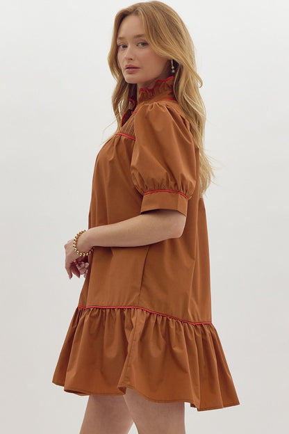 Brown ruffled neck puff sleeve dress