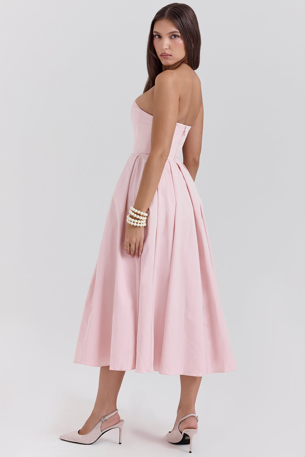 parisian pink strapless corset midi dress