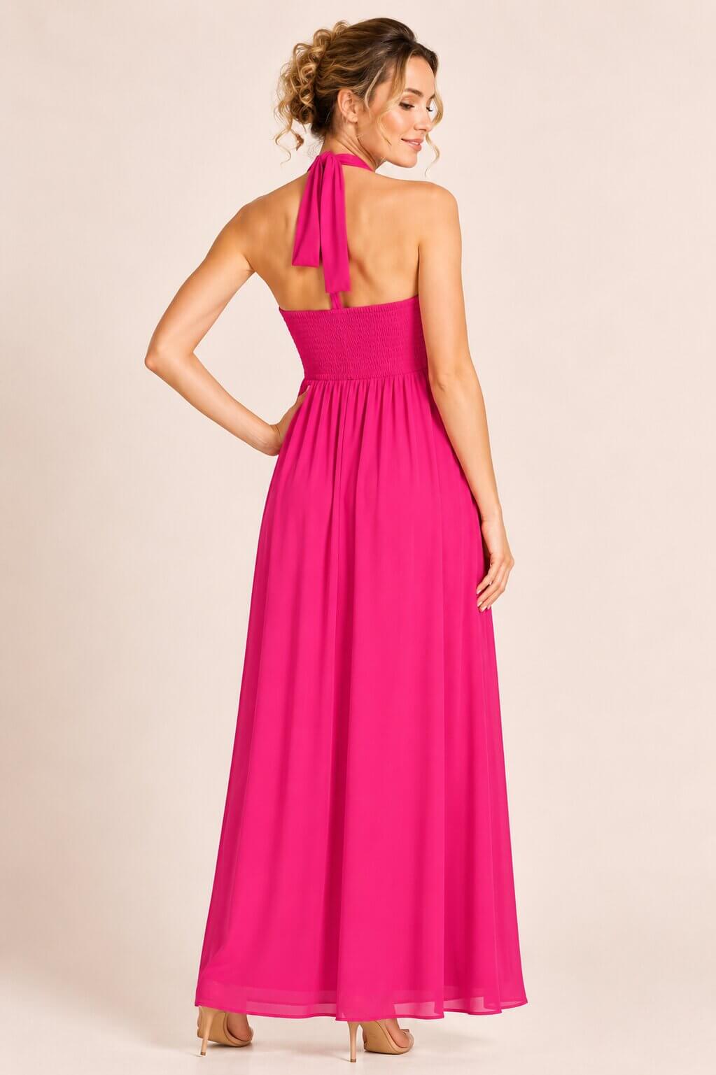 Coraline Hot Pink Embellished Halterneck Evening Dress