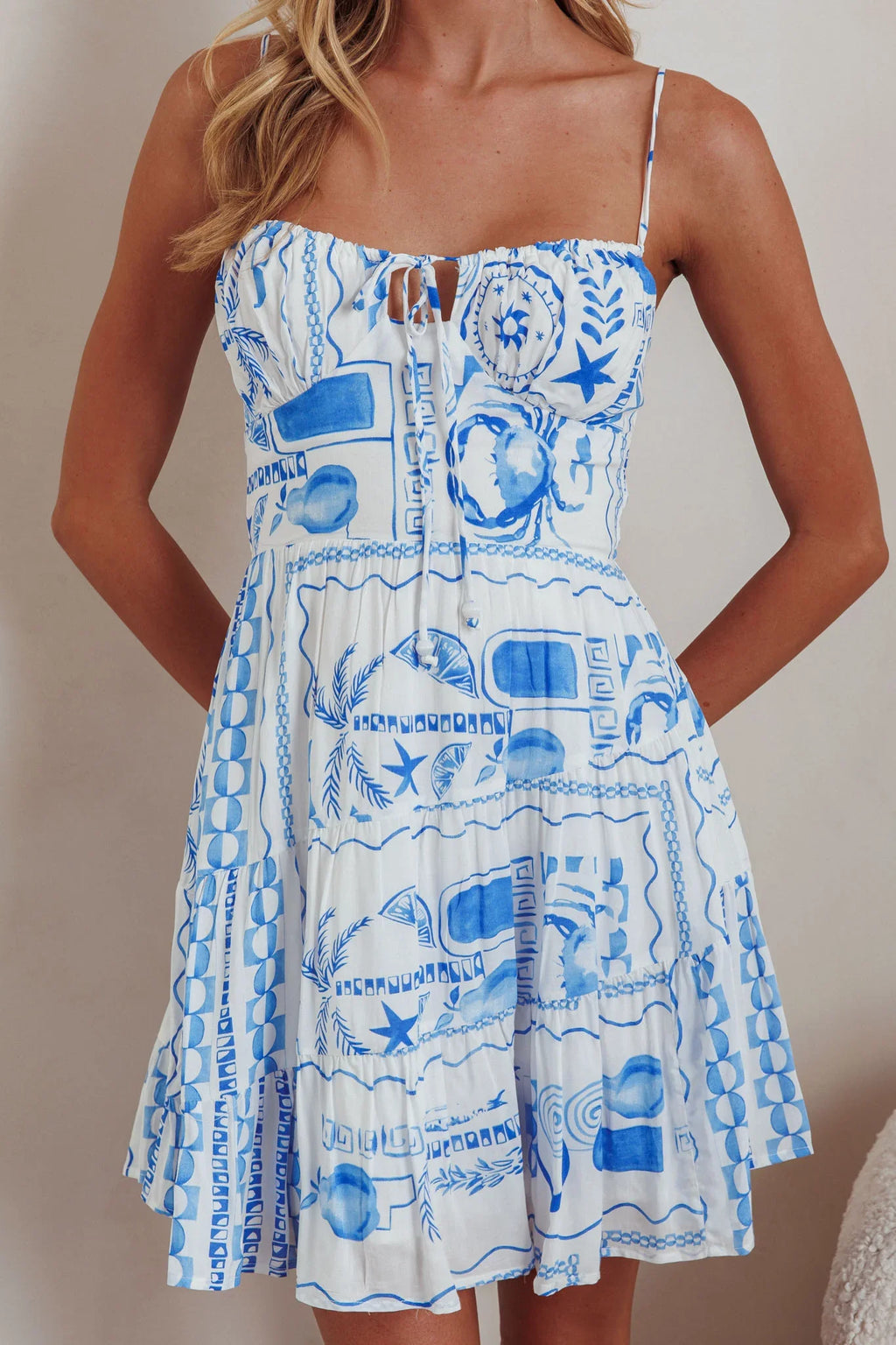 Doe Tied Bust Mini Dress Print Blue