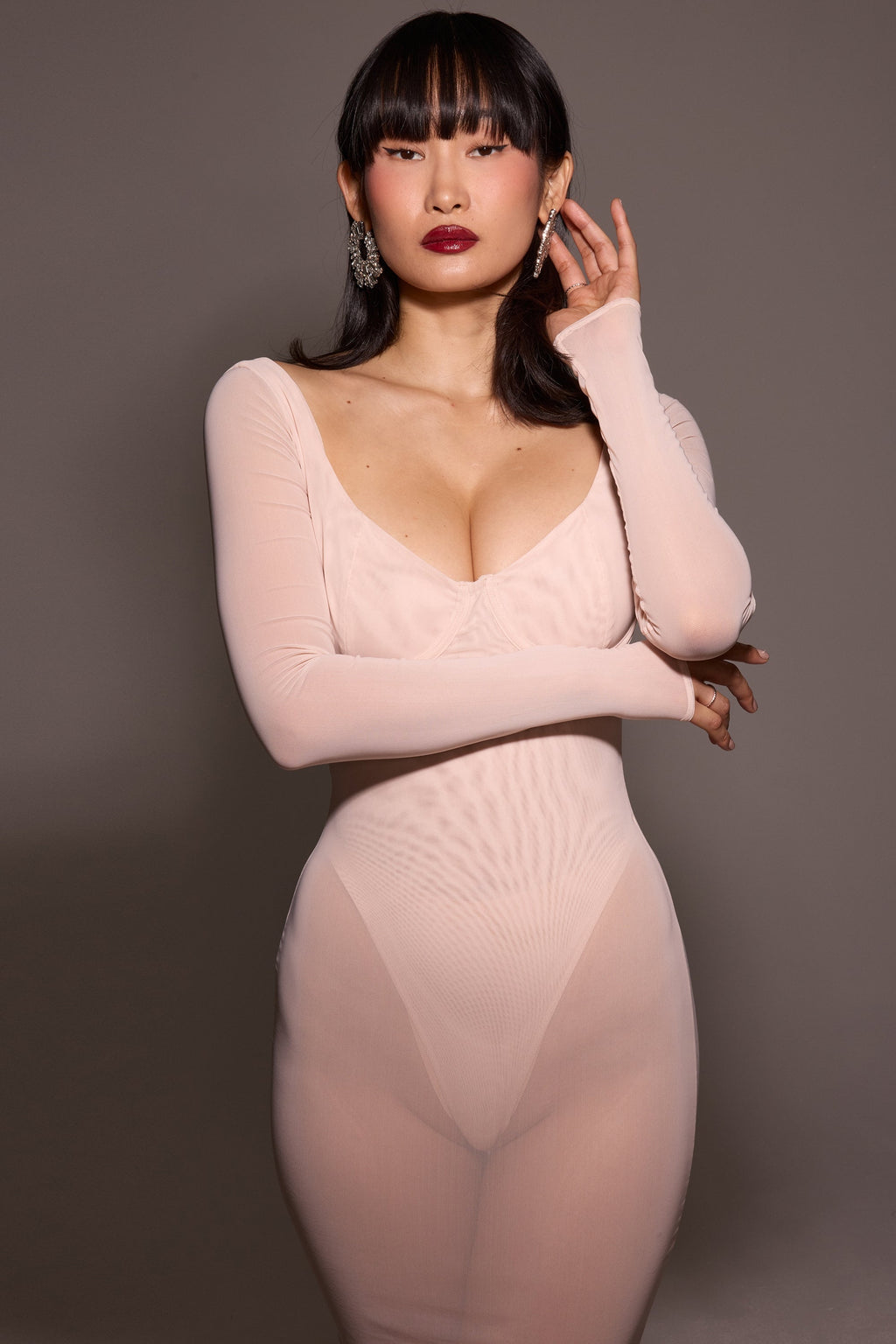 blush mesh maxi dress with bodysuit