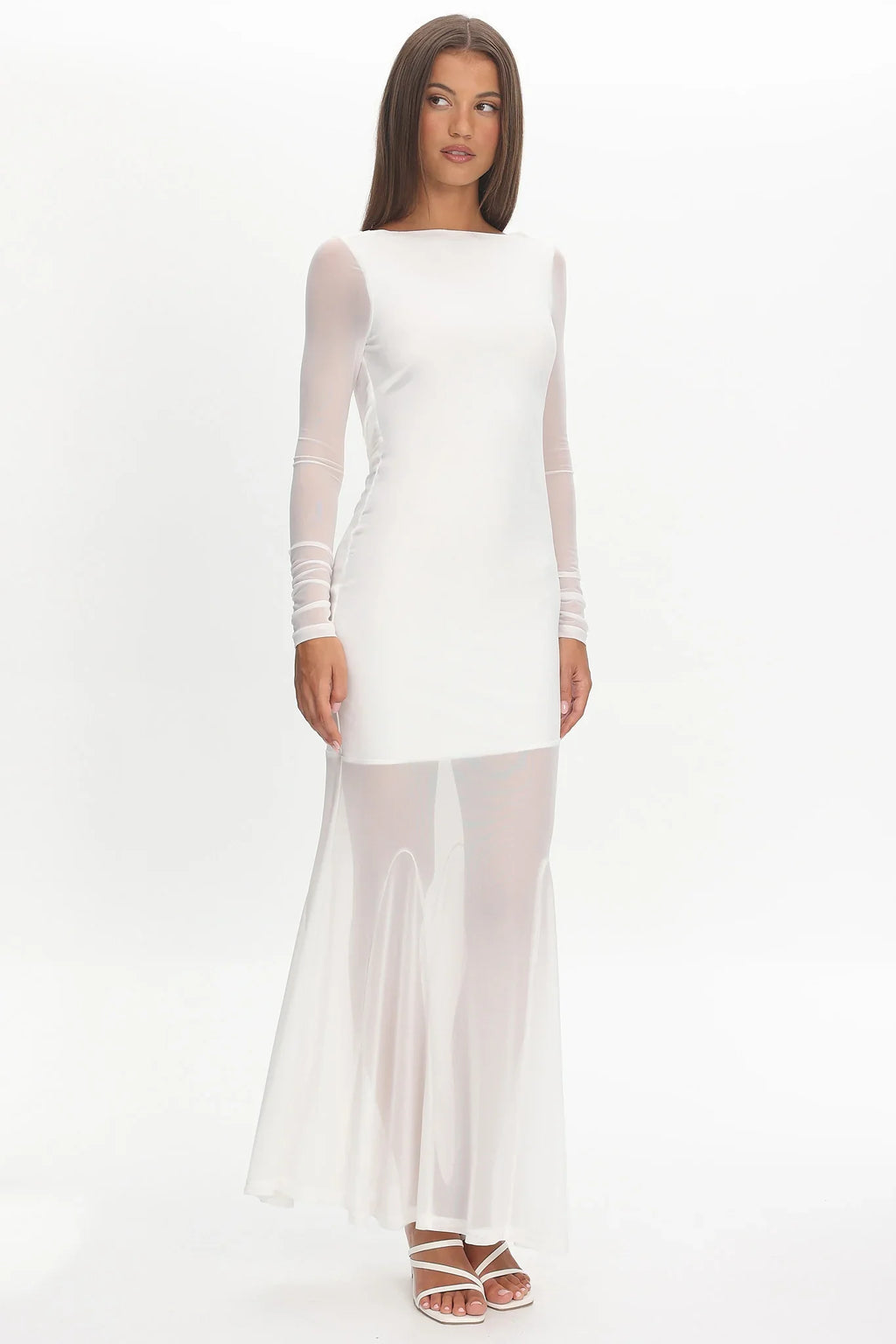 Lustre Long Sleeve Open Back Maxi Dress White
