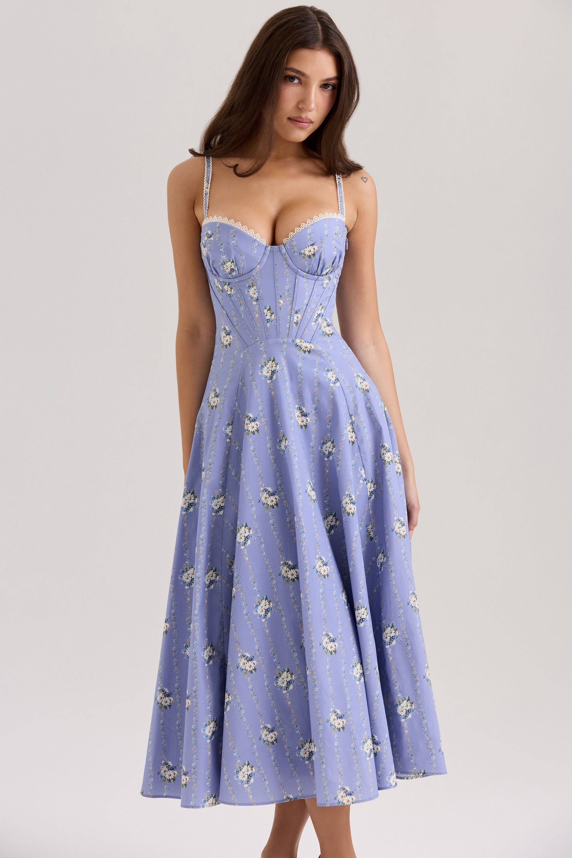 blue daisy print stretch cotton midi sundress