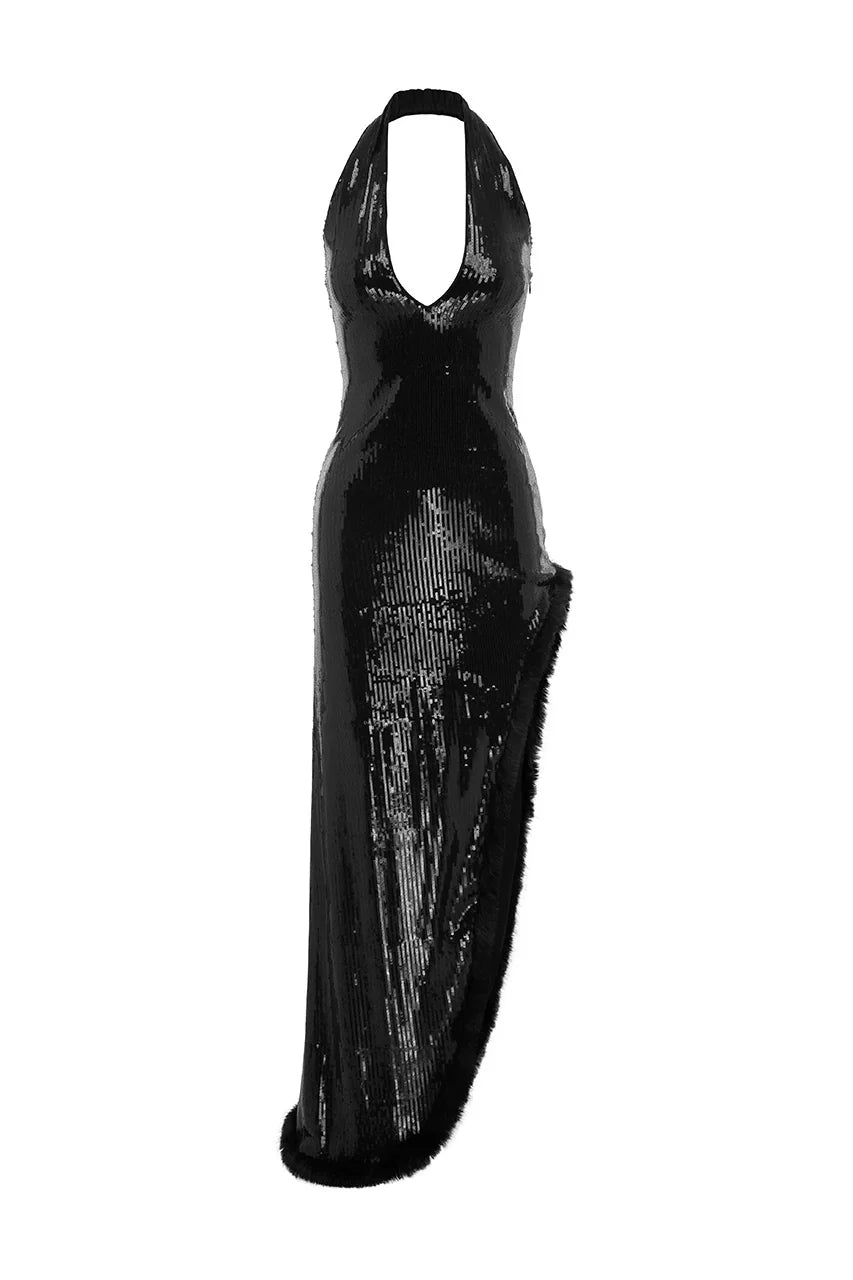 COURTNEY FAUX FUR TRIM MAXI DRESS - BLACK