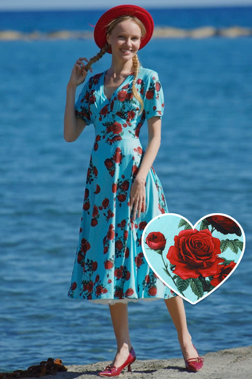 Julia 50s Style Red Rose Sleeved Dress in Blue