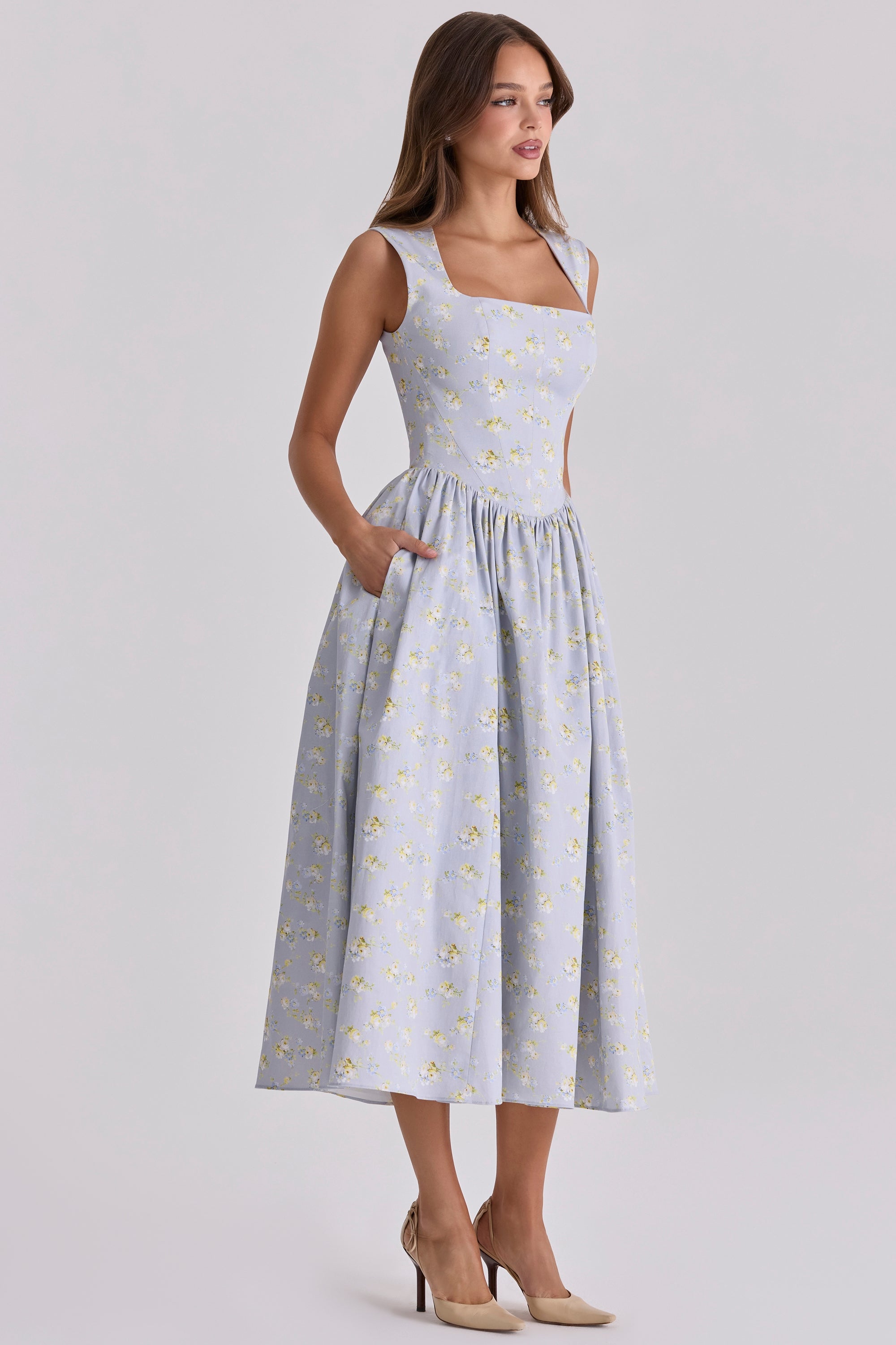 blue wildflower print cotton midi sundress