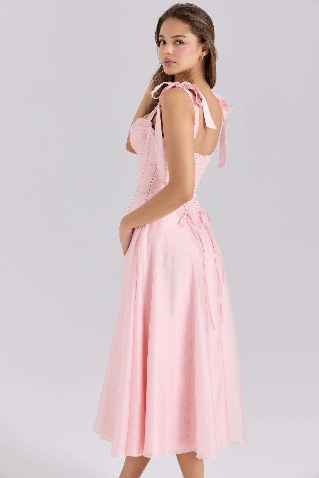 pink chiffon tie strap midi dress
