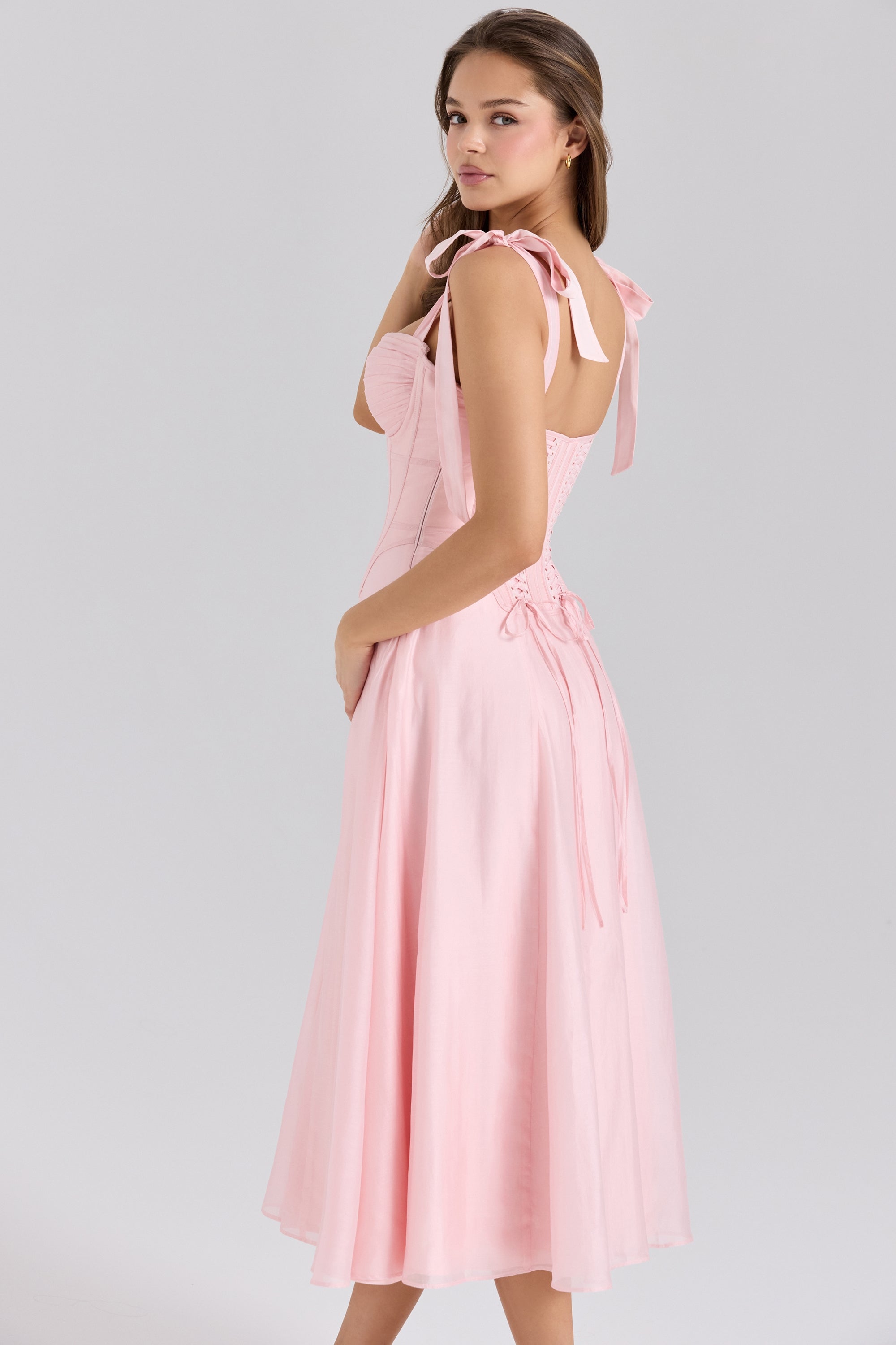 pink chiffon tie strap midi dress