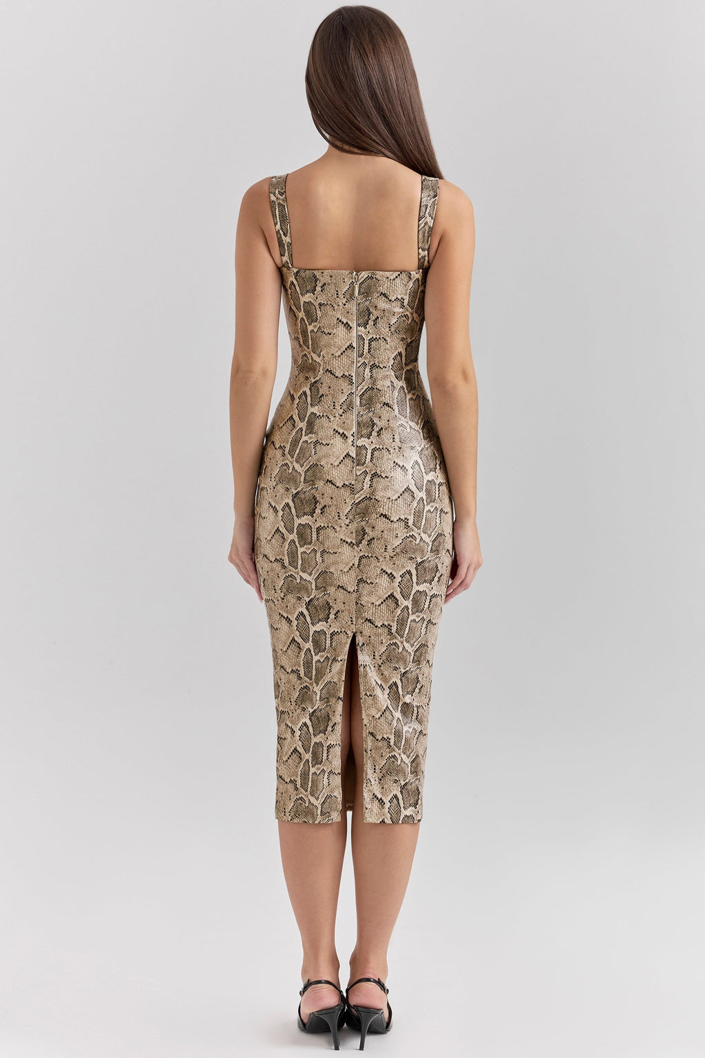 snakeskin print vegan leather midi dress