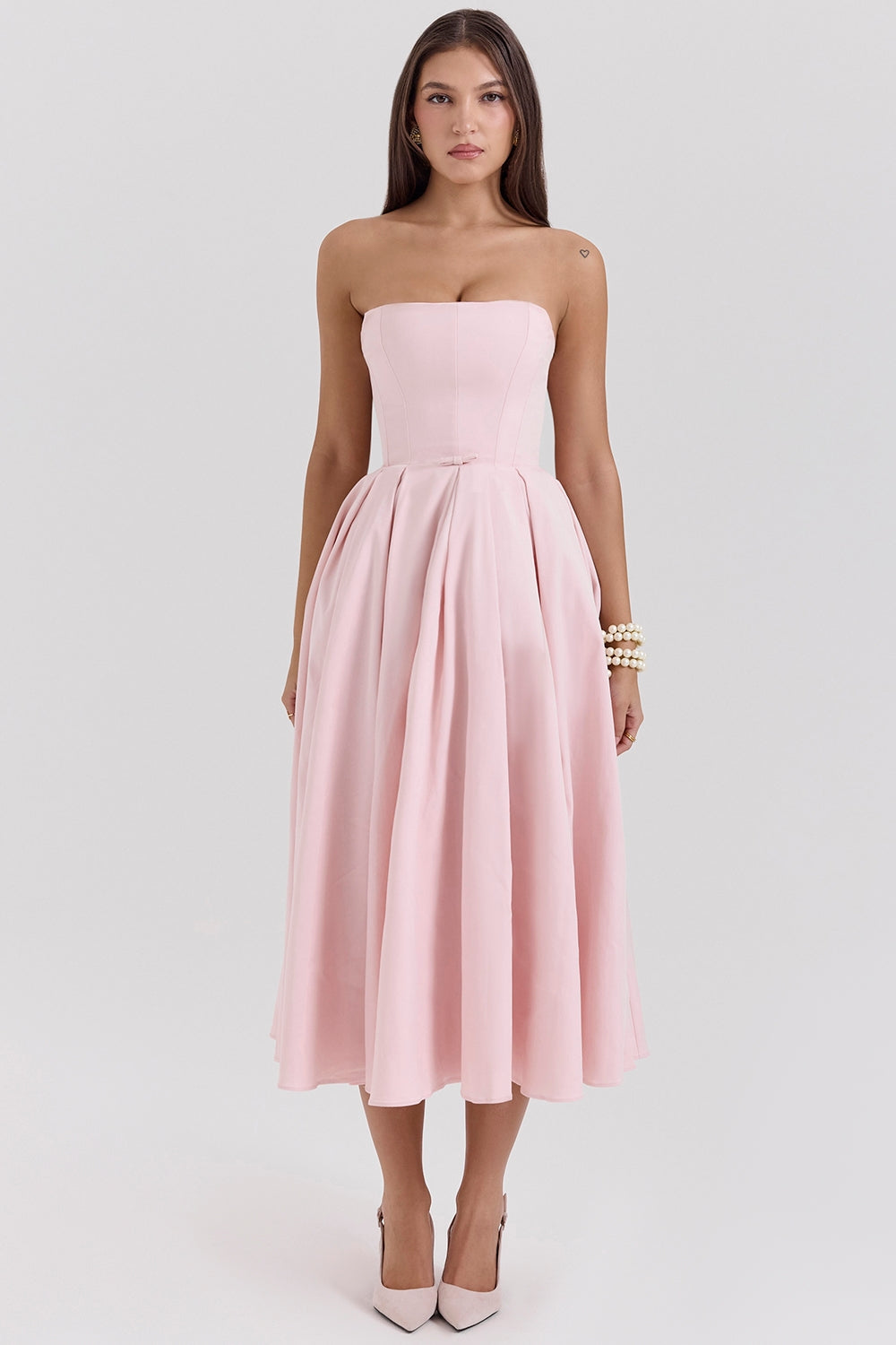 parisian pink strapless corset midi dress