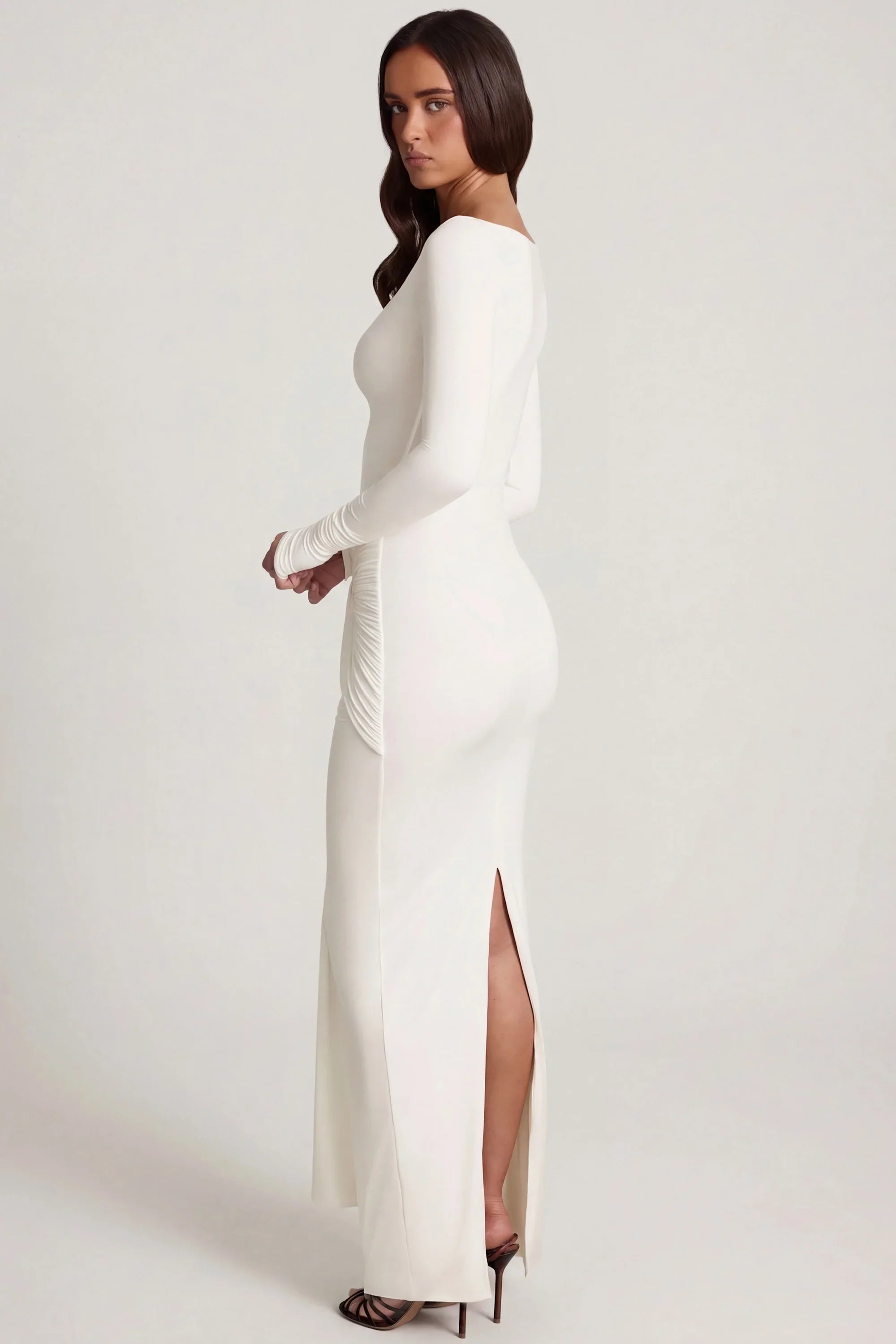Soft Jersey Boat-Neck Tie-Gather Maxi Dress in White