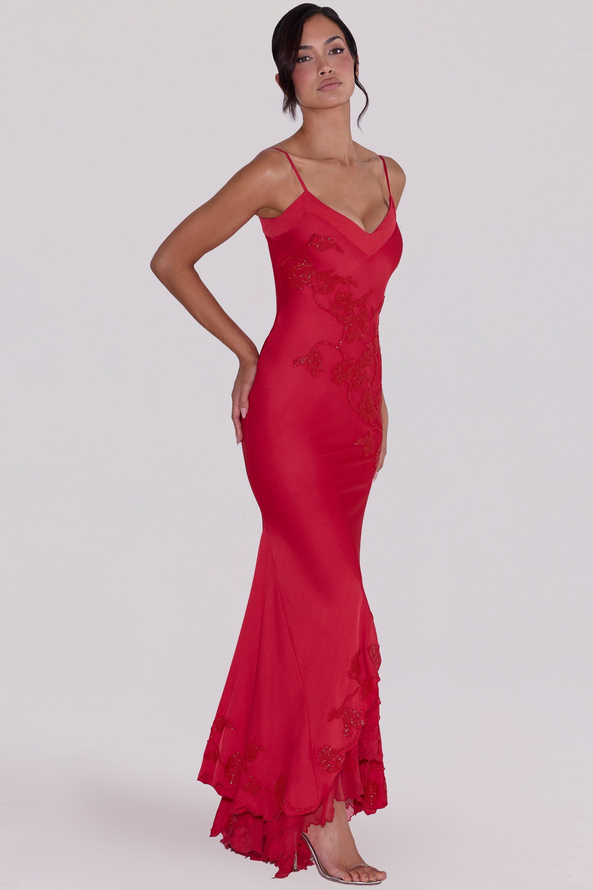 red hand beaded embellished satin maxi dress - limited edition
