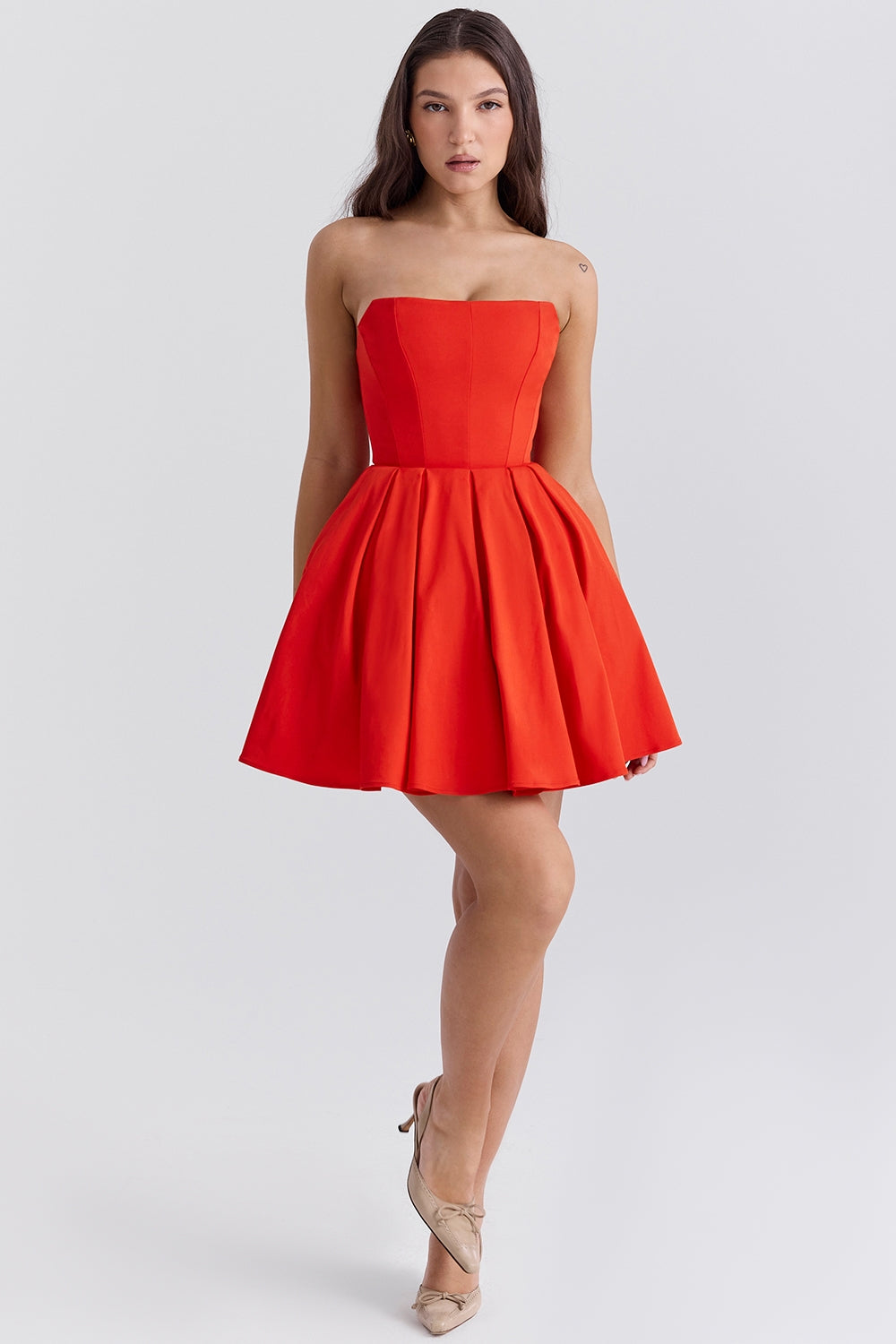 italian tomato strapless pleated mini dress