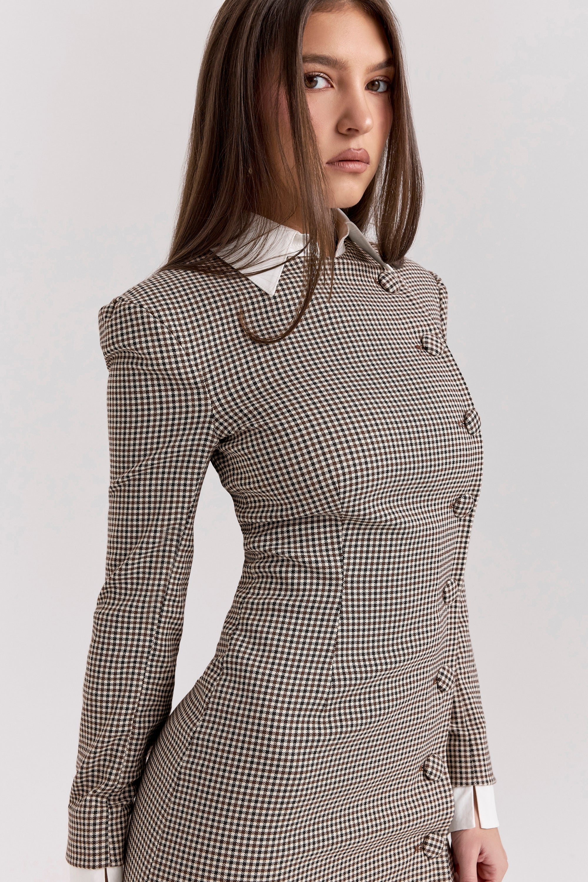 brown puppytooth check bodycon mini dress