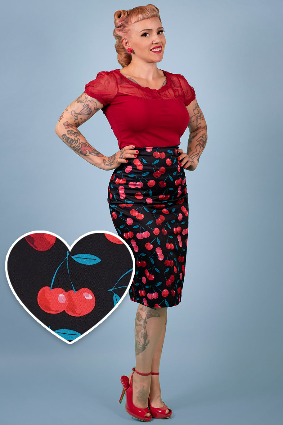 Falda Black & Red Cherry Pencil Skirt