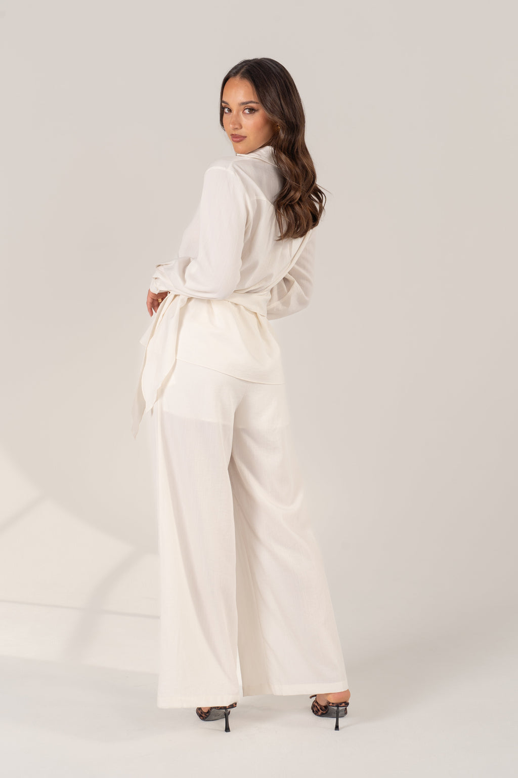 Aisling Two Piece Set - Waist Tie Button-Up Shirt & Wide-Leg Pants