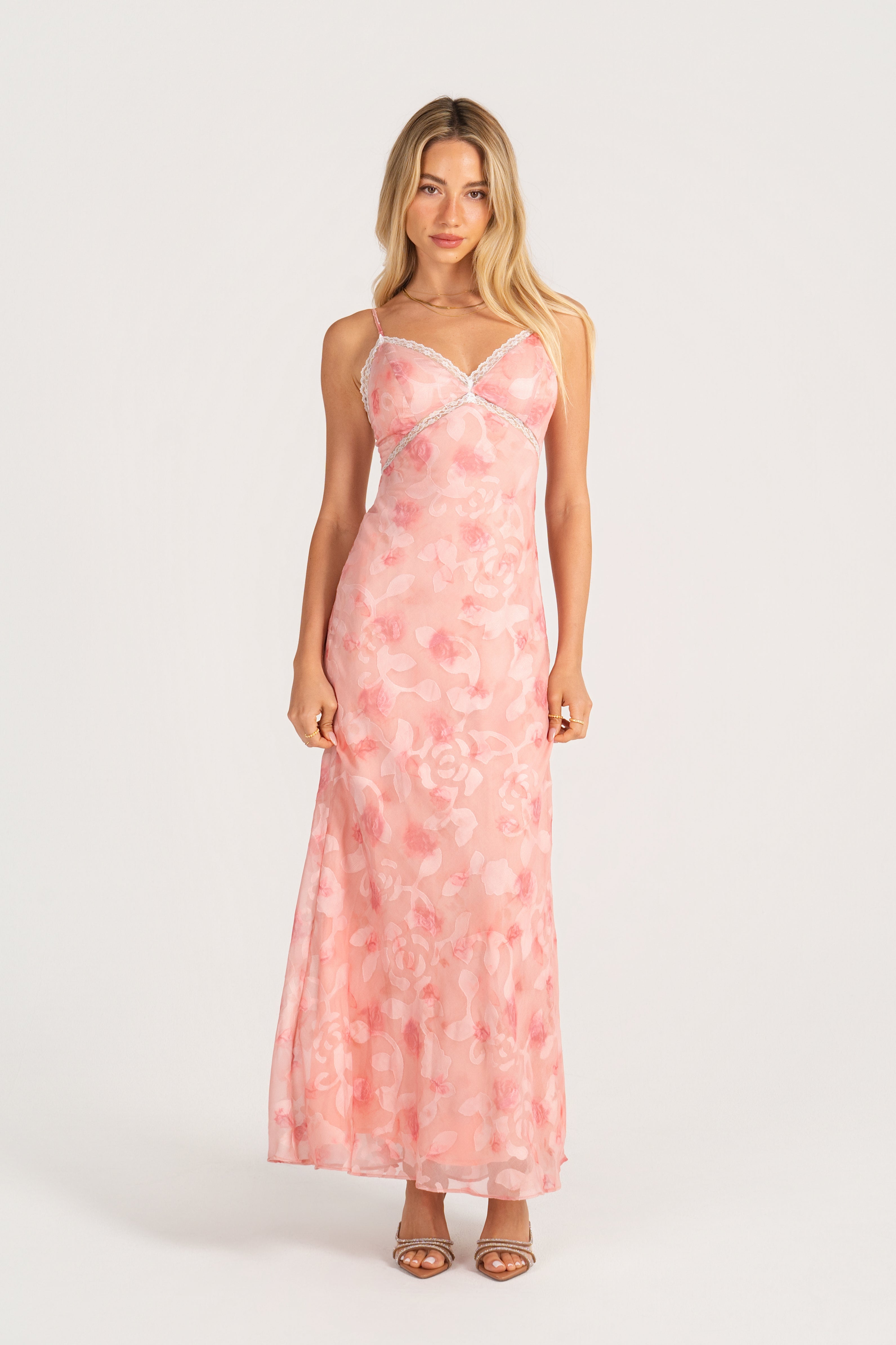 Alaina Pink Maxi Dress with Lace Trims