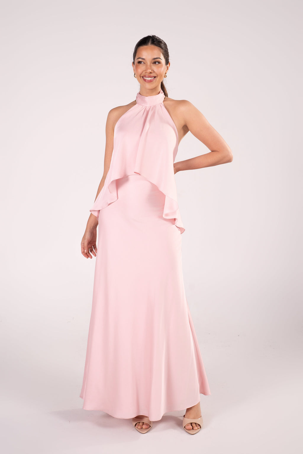 Aster Baby Pink Cascading Ruffle Halter Dress
