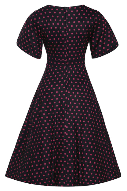 Janice Sleeved Flared Tea Dress in Black Polka Dot Print