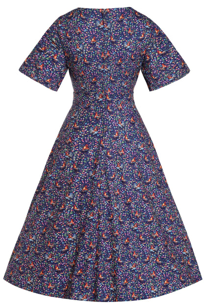 Janice Purple Sleeved Tea Dress in Rooster Floral Print