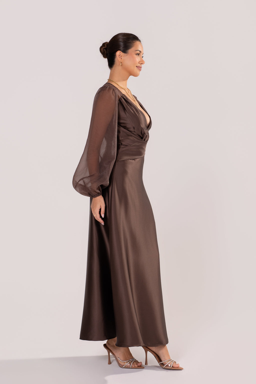 Carlotta Chocolate Maxi Dress with Sheer Billowed Sleeves