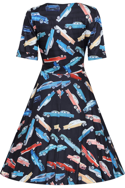Matilda Classic Car Print Knit Wrap Dress in Black