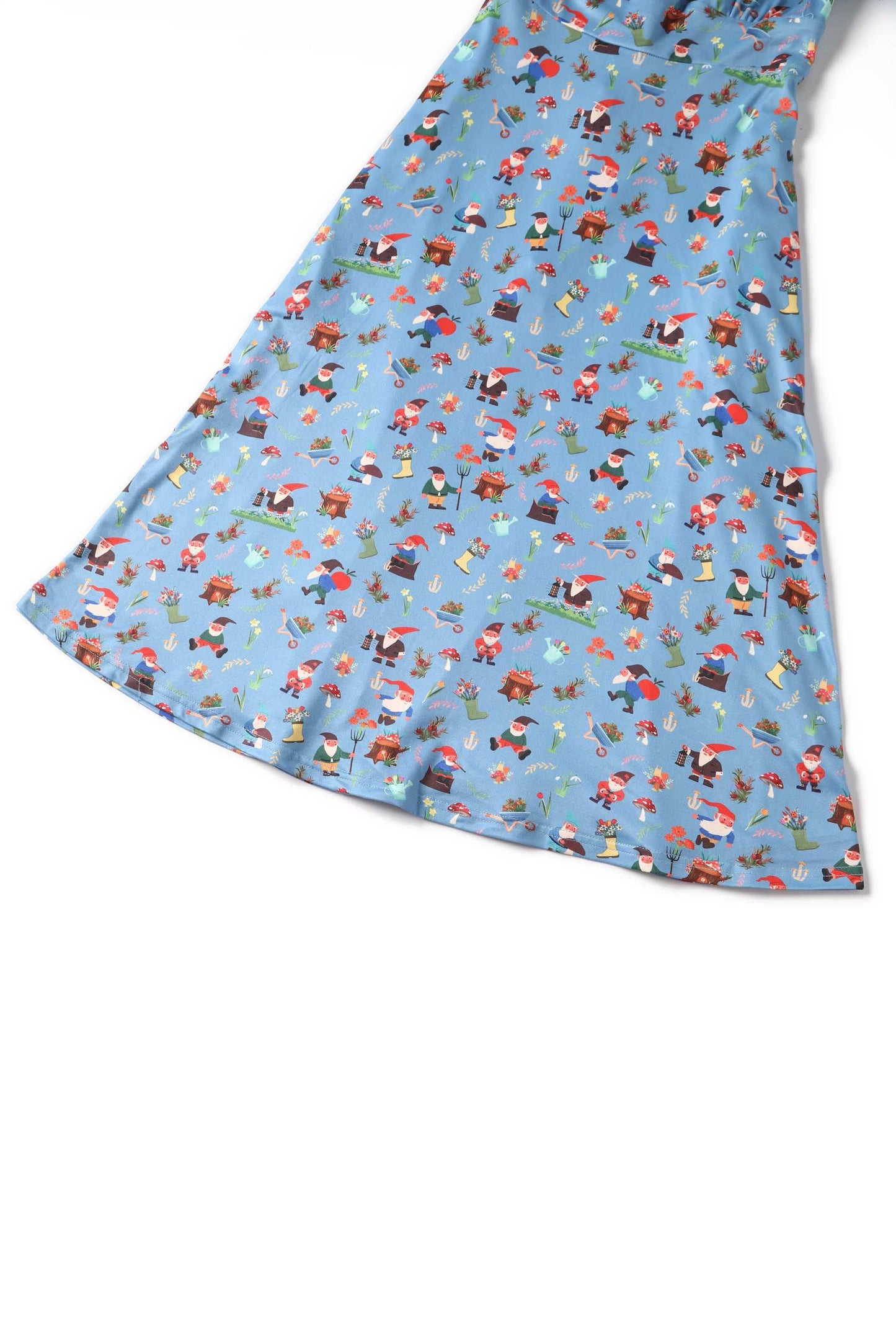 Janice Blue Petal Sleeved Tea Dress in Garden Gnome Print