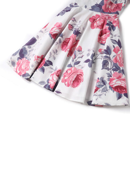 Darlene Pastel Roses Flared Dress In White