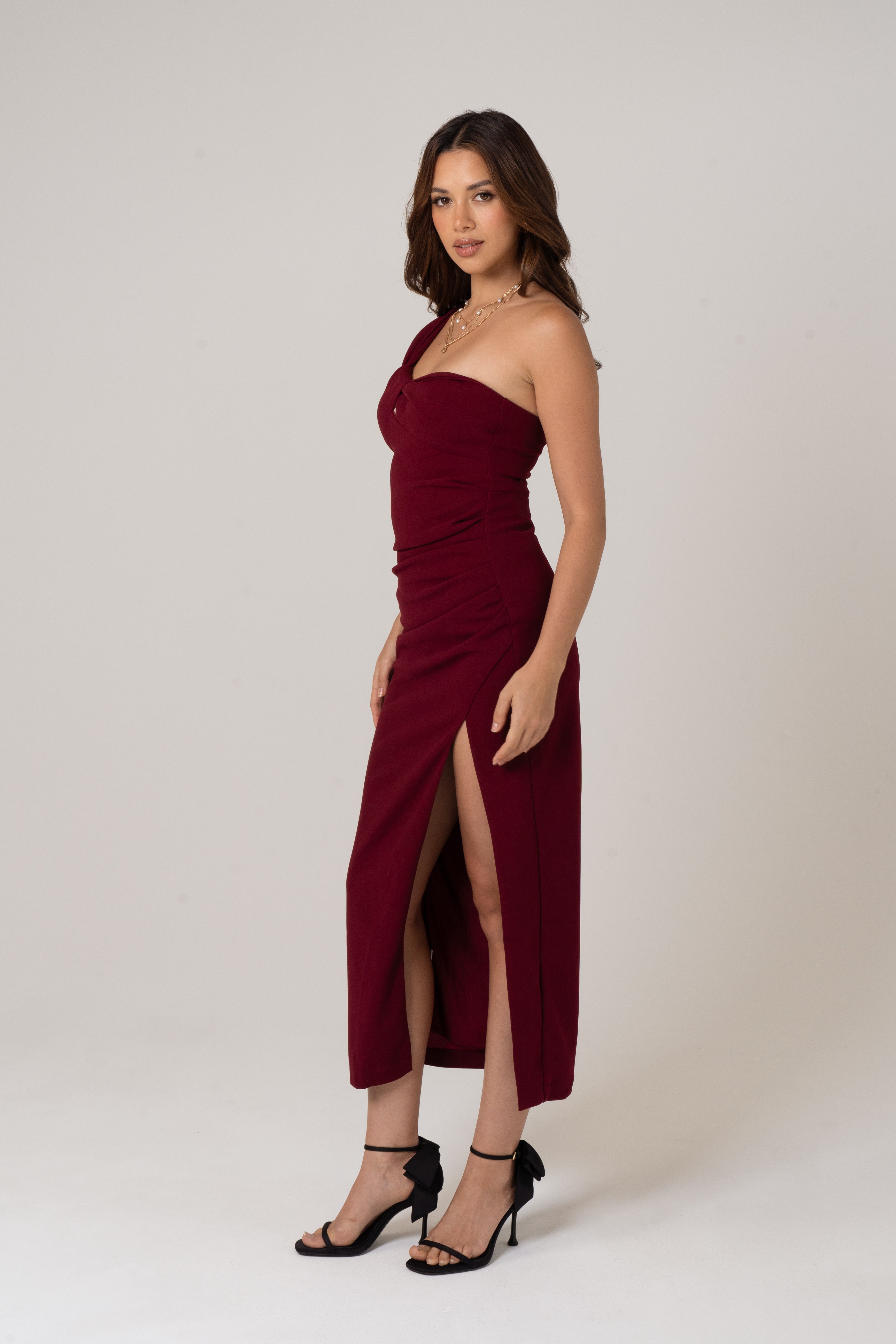 Tana Maroon One Shoulder Midi Dress