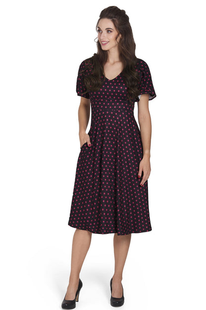 Janice Sleeved Flared Tea Dress in Black Polka Dot Print