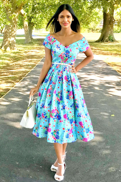 Lily Blue Hydrangea Off Shoulder Dress