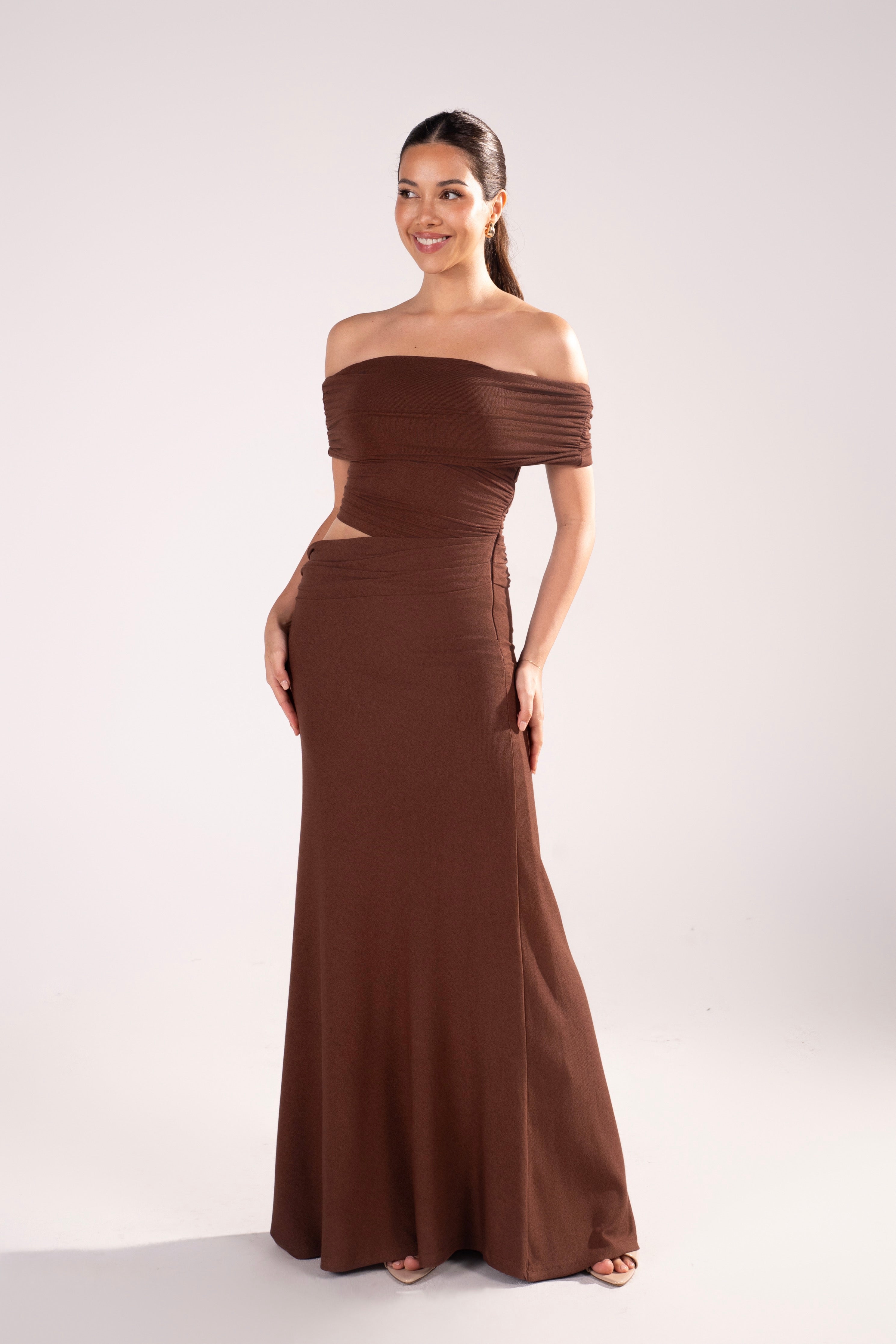 Elowen Off-Shoulder Maxi Dress with Waist Cutout