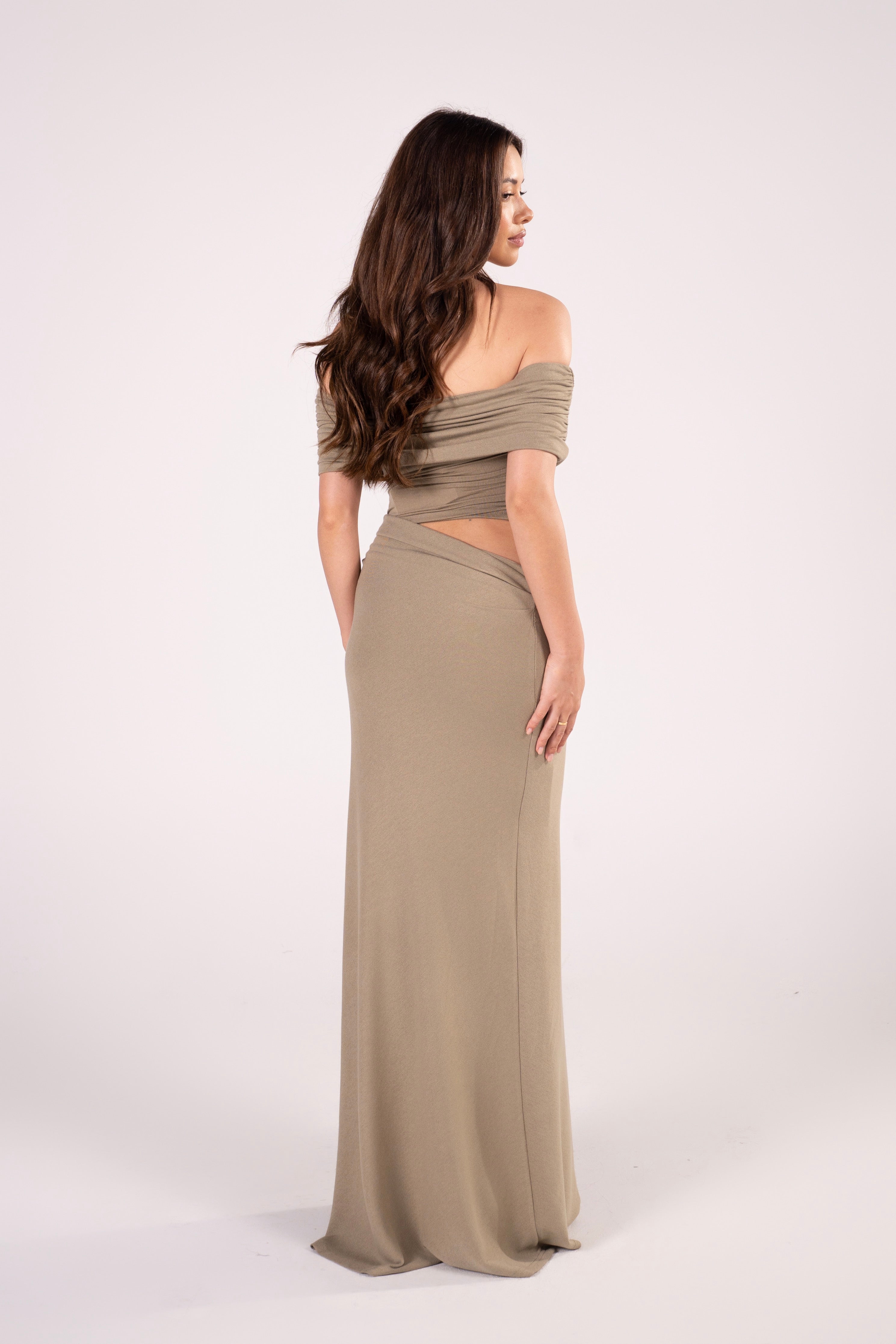 Elowen Off-Shoulder Maxi Dress with Waist Cutout