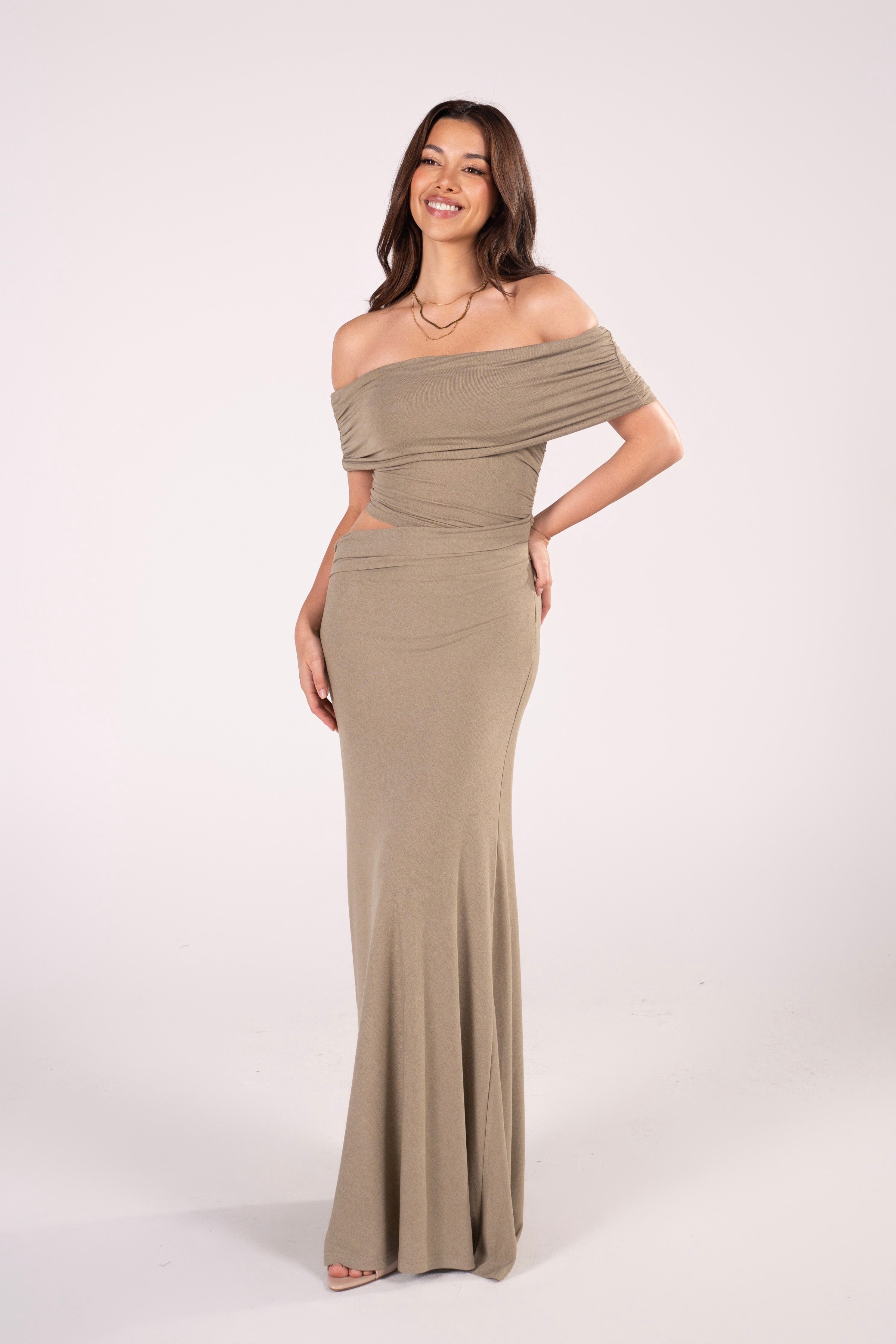 Elowen Off-Shoulder Maxi Dress with Waist Cutout