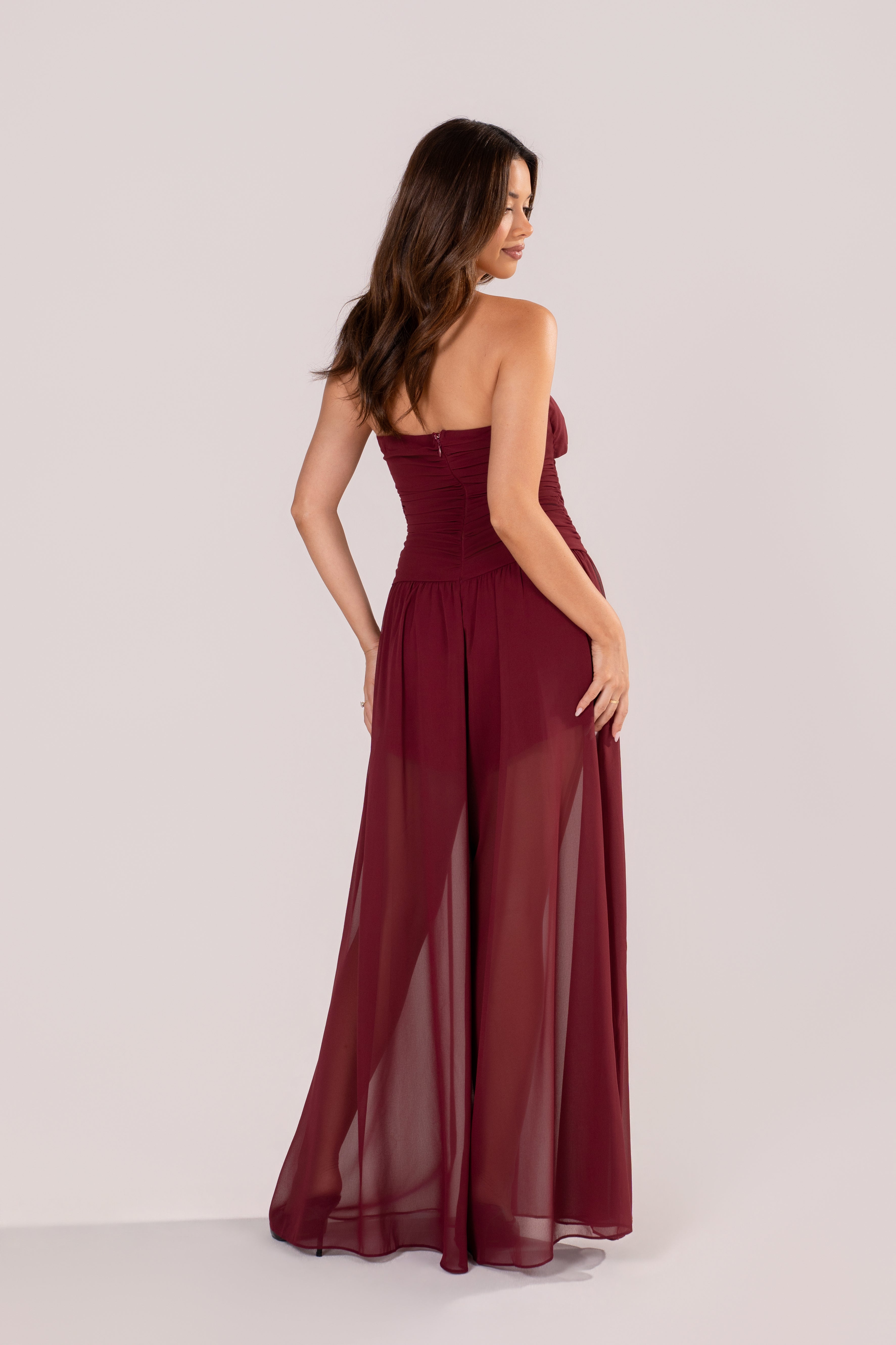 Evania Strapless Wine Jumpsuit with Sheer Overlay
