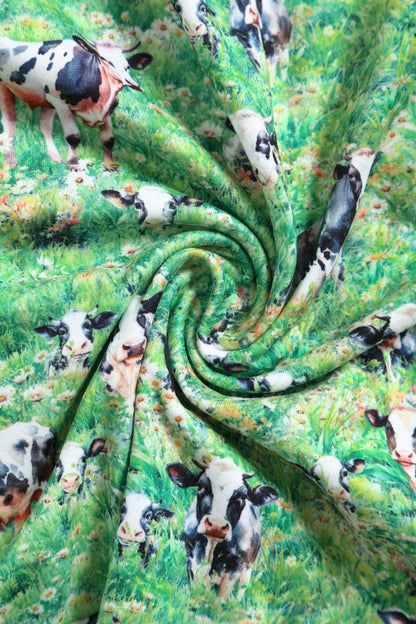 Palma Short Sleeved Tea Dress in Green Cow Field Print