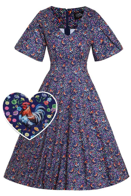 Janice Purple Sleeved Tea Dress in Rooster Floral Print