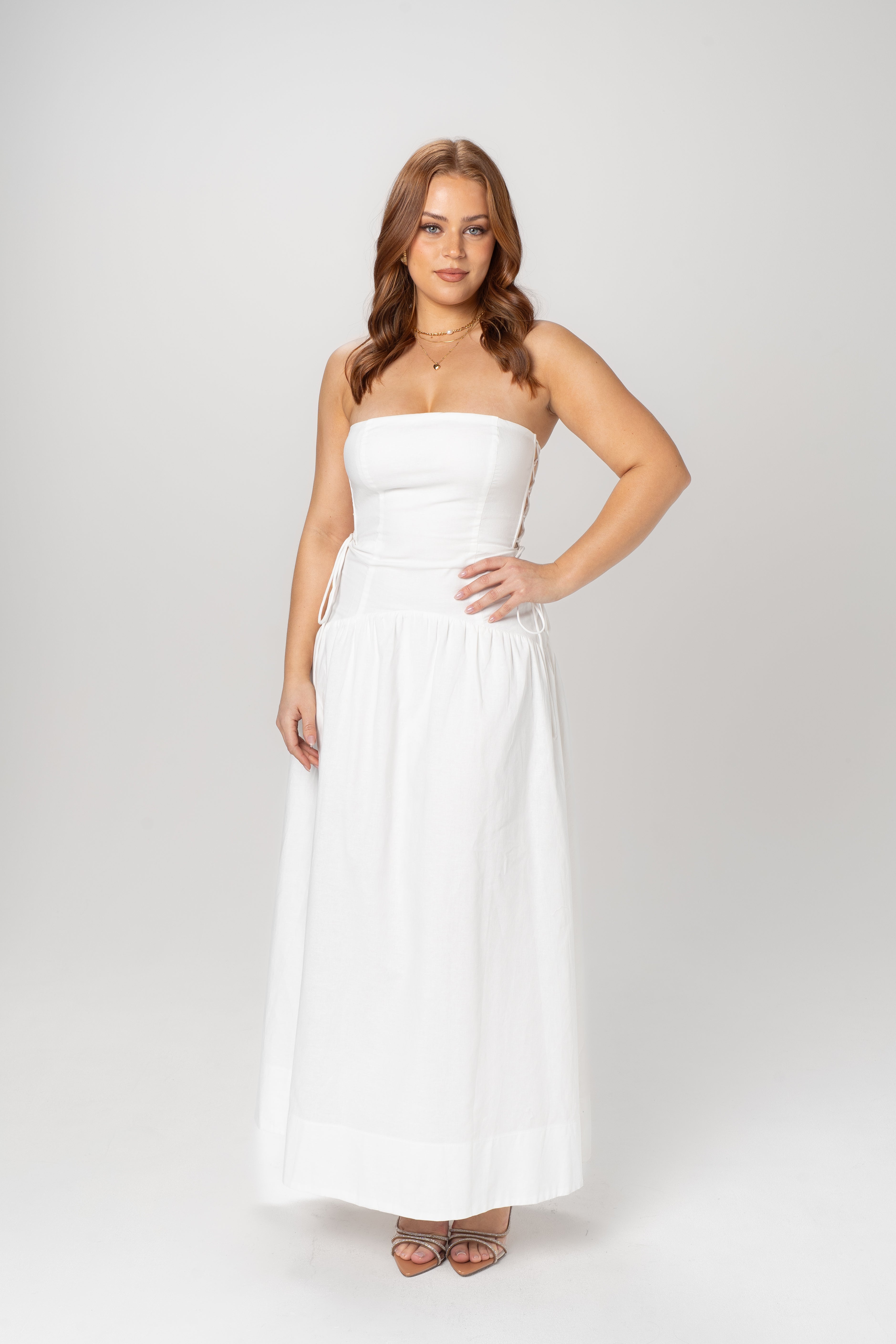 Gracelyn White Strapless Midi with Adjustable Cut-Out Ties