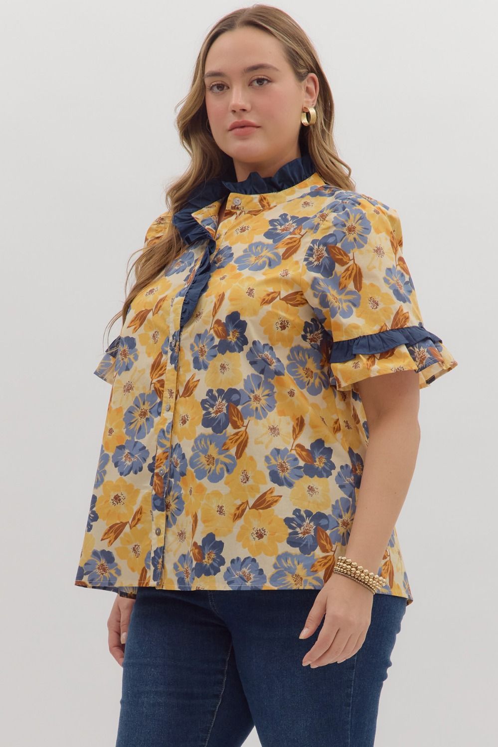 Blue and yellow ruffle top