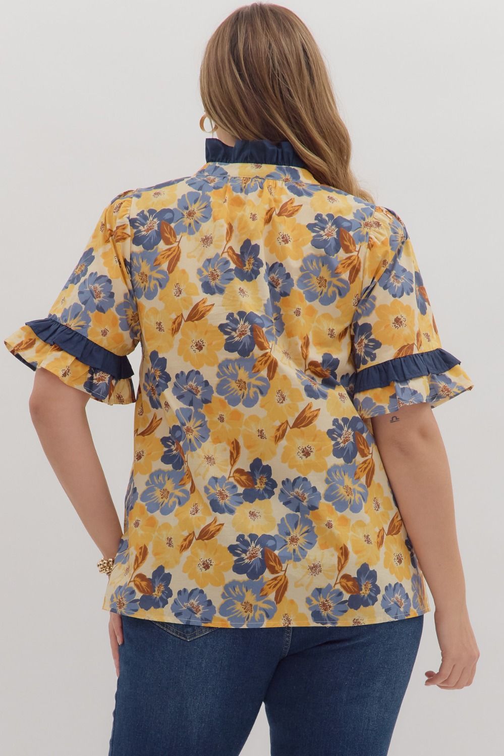 Blue and yellow ruffle top