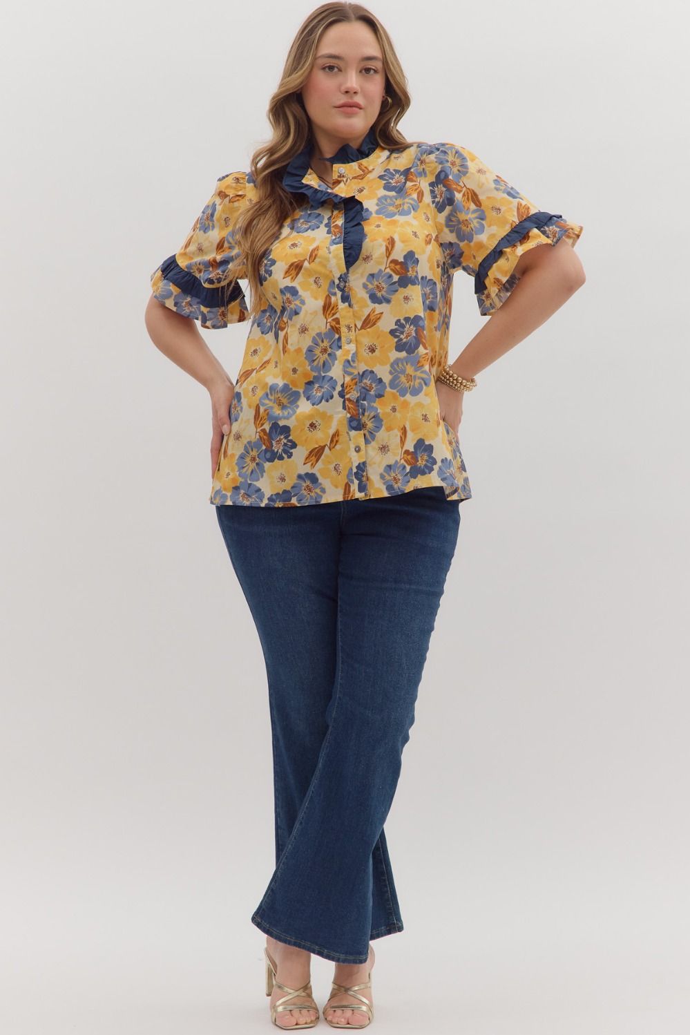 Blue and yellow ruffle top