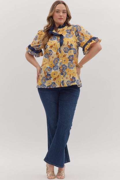 Blue and yellow ruffle top