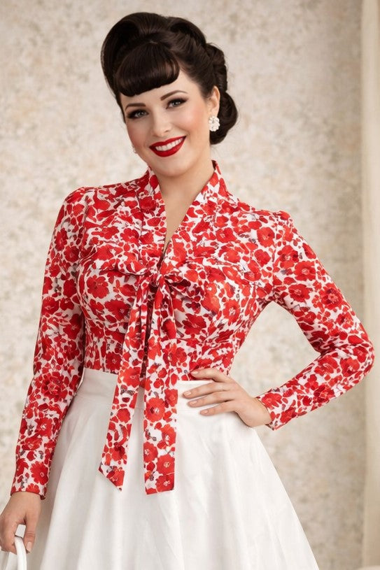 Margaret Red Rose Blouse In White