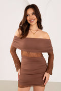 Lavea Brown Long Sleeve Mini Dress with Sheer Lace Sleeves