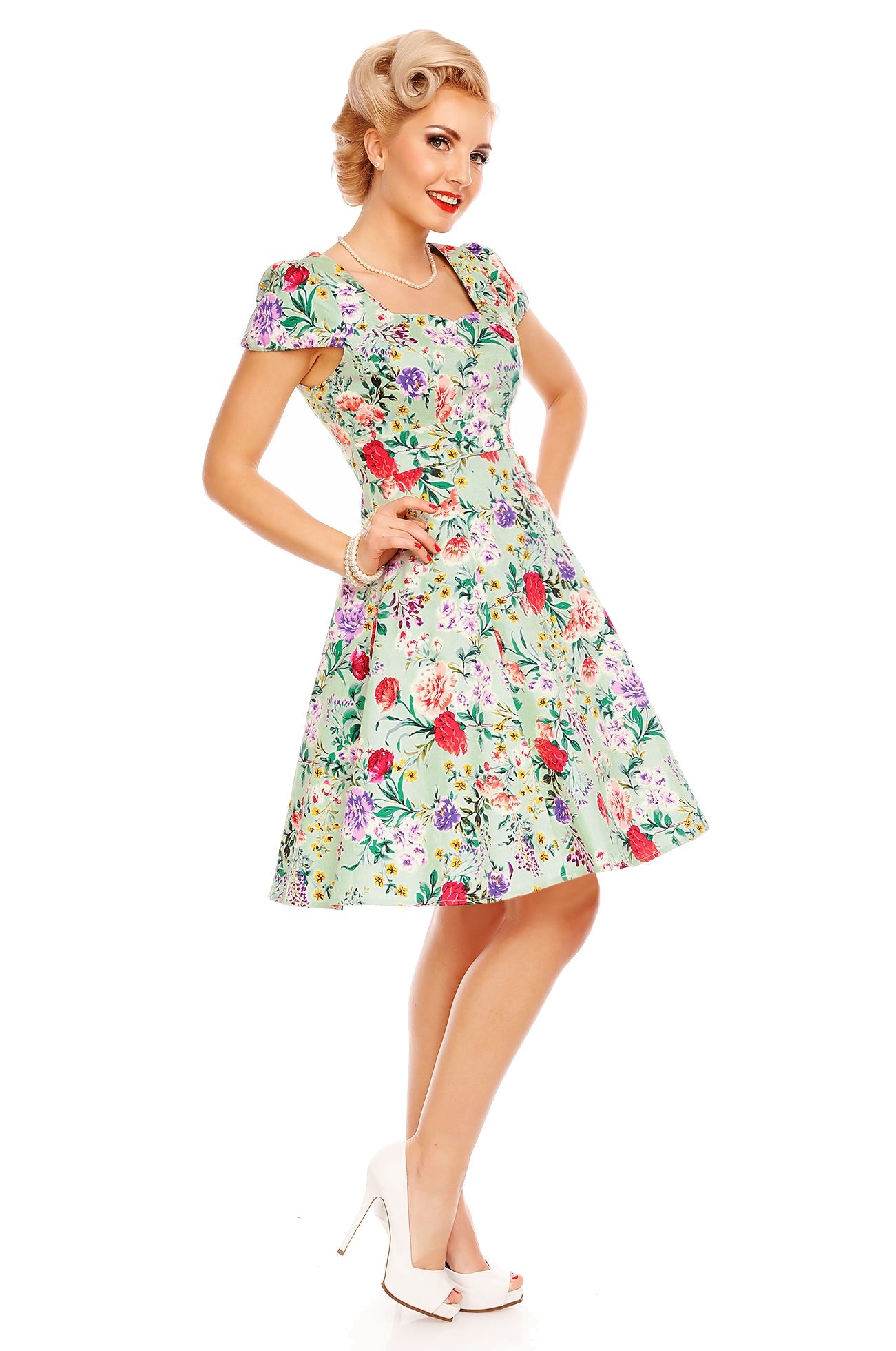 Claudia Flirty Fifties Swing Floral Dress in Green
