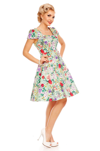 Claudia Flirty Fifties Swing Floral Dress in Green