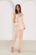 Marielle Champagne Polka Dot Maxi Dress with Asymmetrical Hem